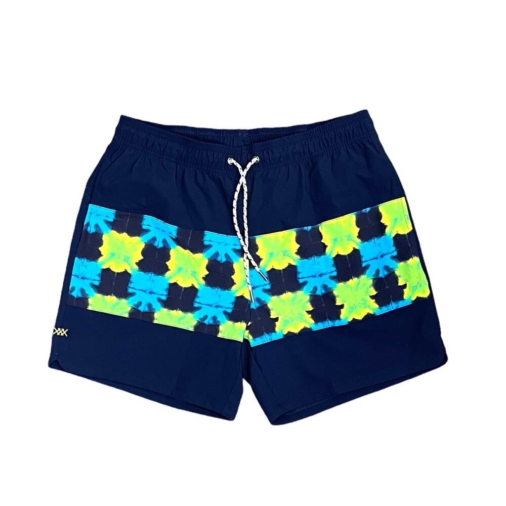 NWT Rhone Fletcher Green and Blue Tye Dye Abstract Swim Trunks 6"